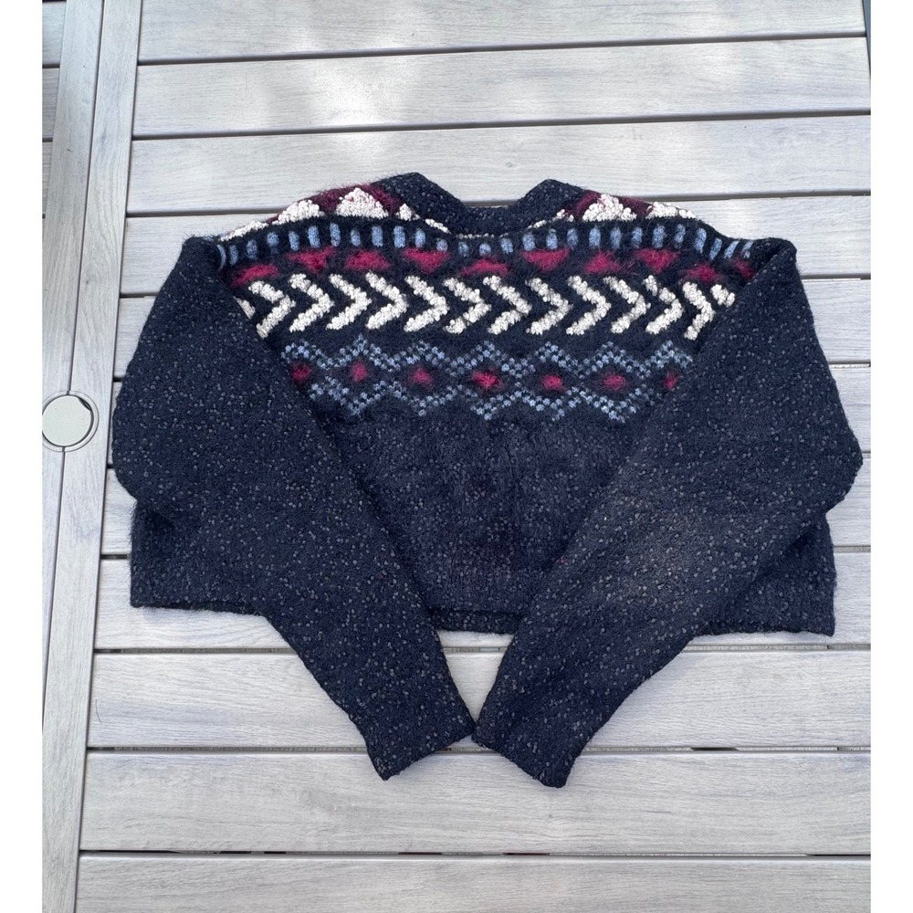 Frye Womens Black Boucle Fair Isle Southwestern Cropped Sweater Large L - Picture 2 of 6